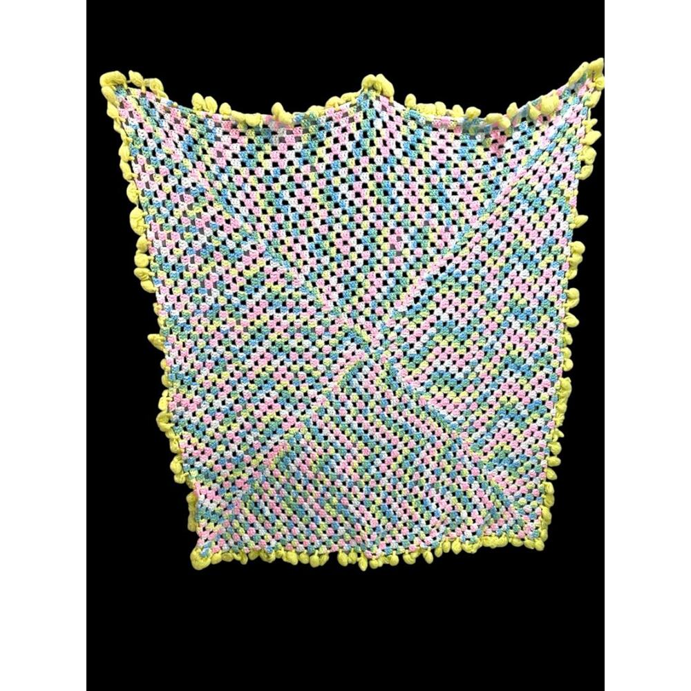 Vintage Crochet Baby Blanket Pastels 44" Square Yellow Pom Pom Trim